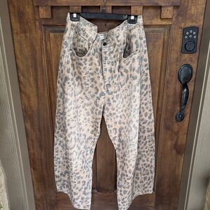 Free People Leopard Print Barrel Leg Boyfriend Jeans
